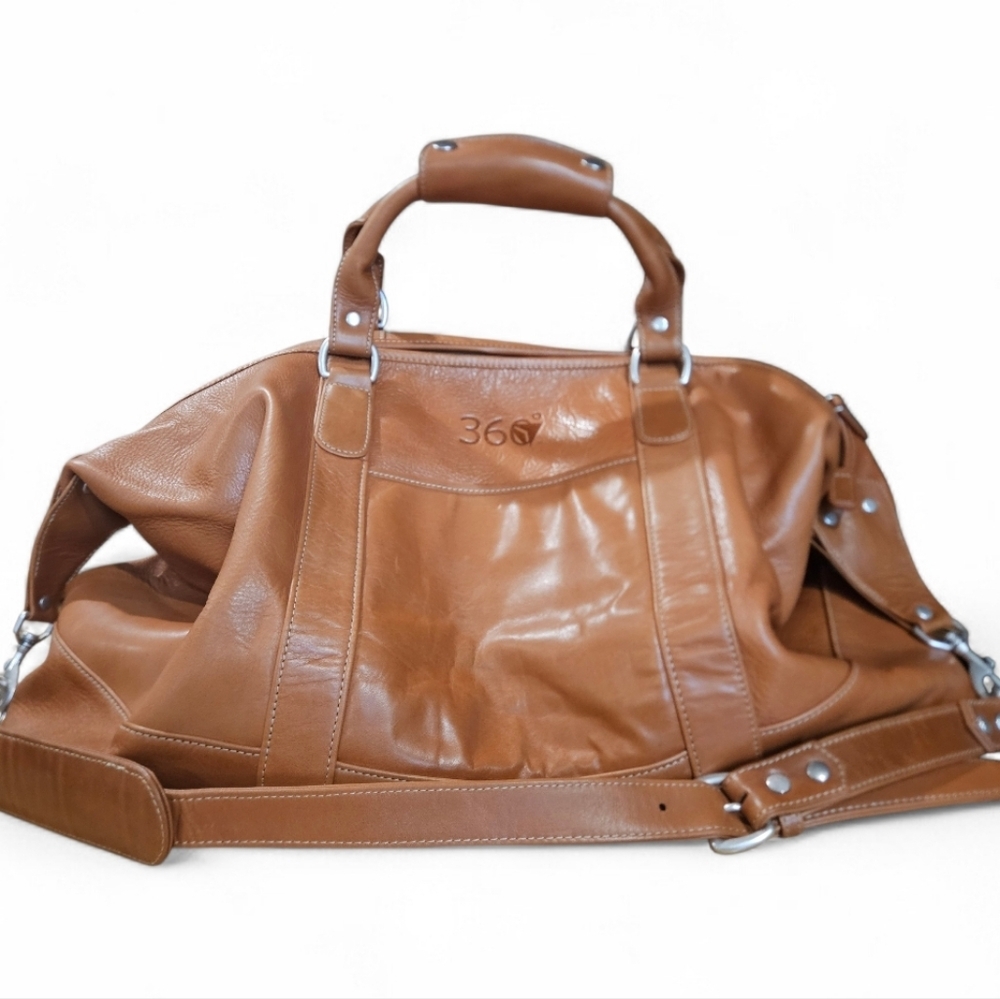 Barrington 360 Genuine Leather Weekender Duffle Bag Cognac Travel Bag.